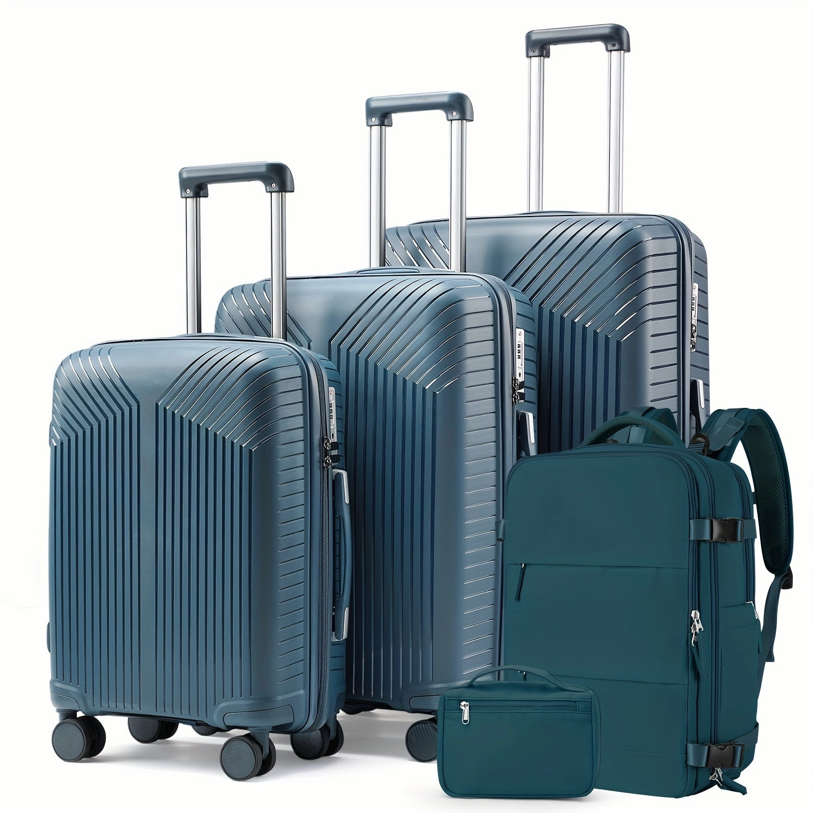 3 Pcs Black 20 Inch, 24 Inch, 28 Inch Travel Luggage Case Set With Minimalist Luggage Backpack & Toiletry Wash Bag, Lightweight Travel Suitcase Set