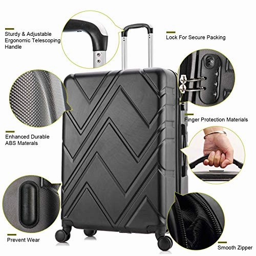 4PC Luggage Sets, ABS Hardshell Luggage Set Lightweight Hard Shell Travel Suitcases w/Spinner Wheels Free Suitcase Cover(18 20 24 28Inch) (Black)