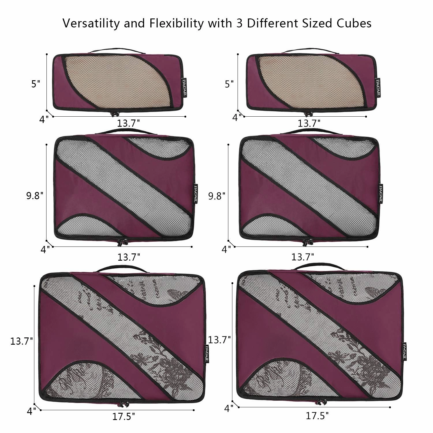 6 Set Packing Cubes,3 Various Sizes Travel Luggage Packing Organizers (Burgundy)