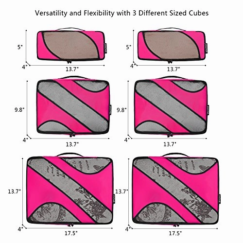 6 Set Packing Cubes,3 Various Sizes Travel Luggage Packing Organizers Fushcia