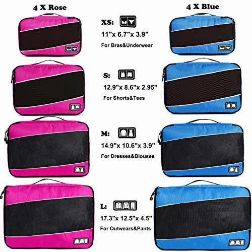 8 Set Packing Cubes, Travel Luggage Bags Organizers Mixed Color Set(rose/blue)