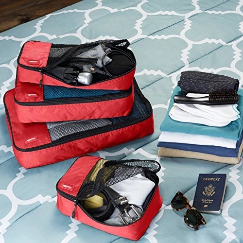 AmazonBasics 4-Piece Packing Cube Set - Small, Medium, Large, and Slim, Red