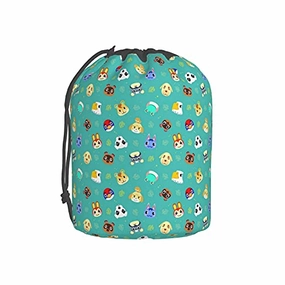 Ani-mal Cro-ss-ing Travel Cosmetic Bag Drawstring Barrel Makeup Bag,Women&Girls Portable Foldable Case,Multifunctional Toiletry Bucket Bag Round Organizer Storage Pocket Soft Collapsible