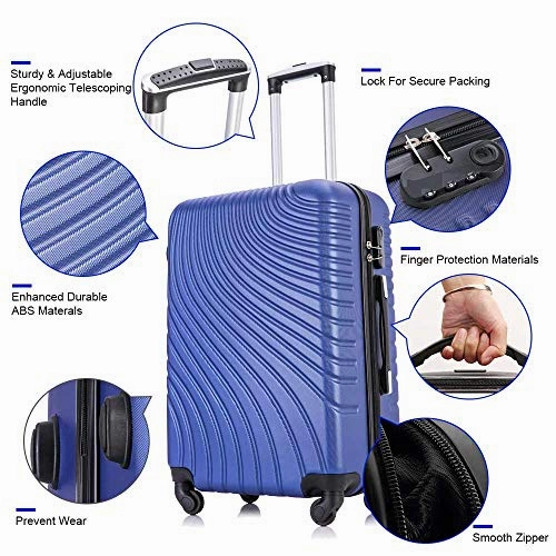 Apelila 3 Piece ABS Luggage Sets with Spinner Wheels Hard Shell Spinner Carry On Suitcase (Blue, 3 Pieces 20 24 28 Inch)