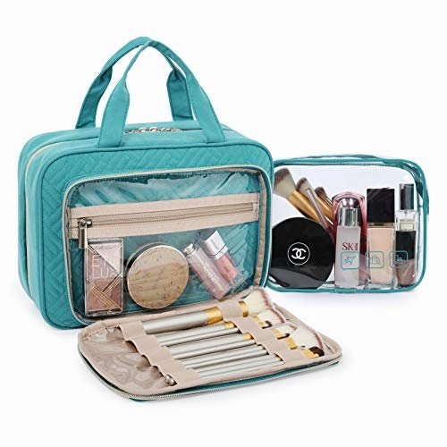 BAGSMART Toiletry Bag Hanging Travel Makeup Organizer with TSA Approved Transparent Cosmetic Bag Makeup Bag for Full Sized Toiletries, Medium-Teal