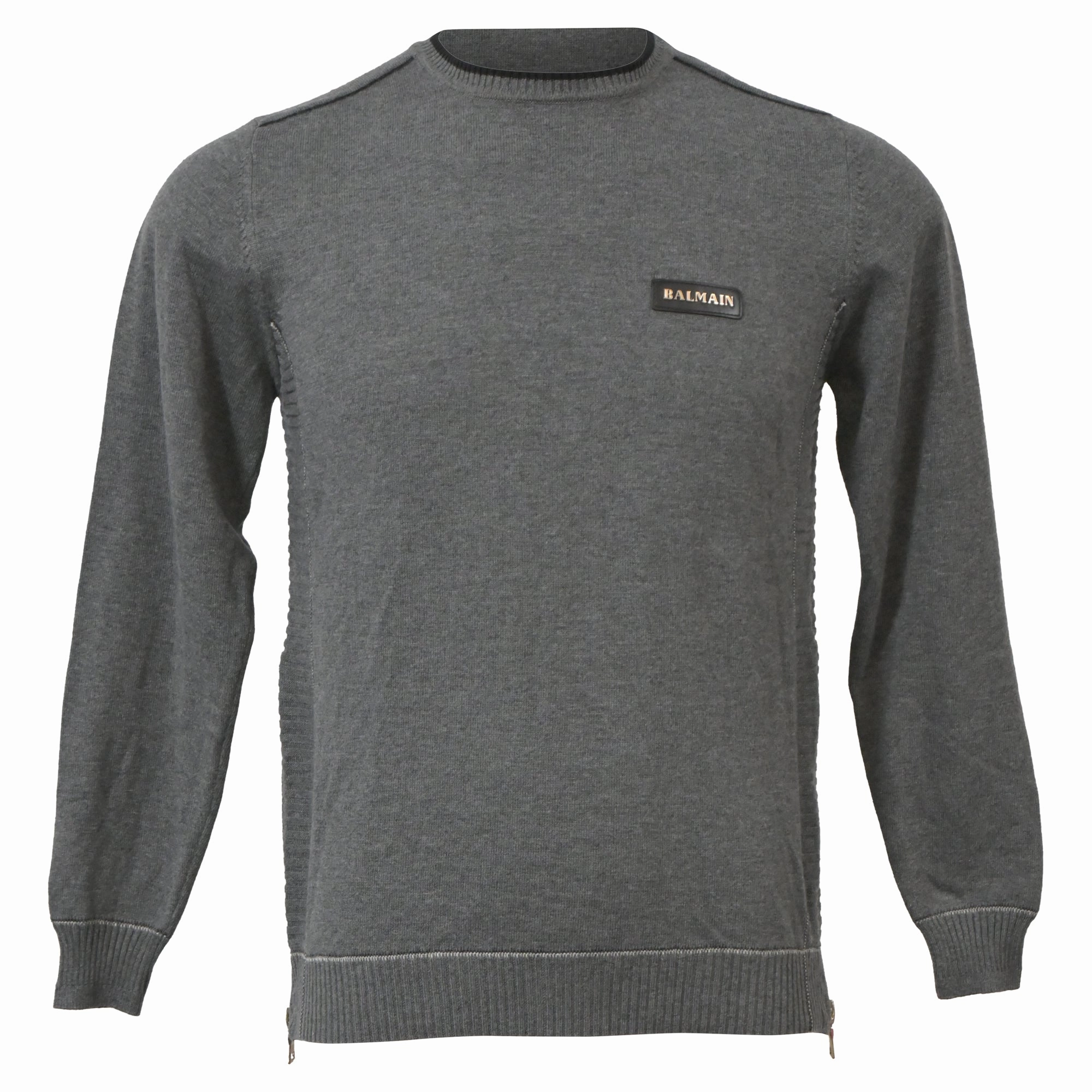 Balmain Knitted Logo Patch Round Neck Sweater in Grey Wool turtleneck sweaters sale