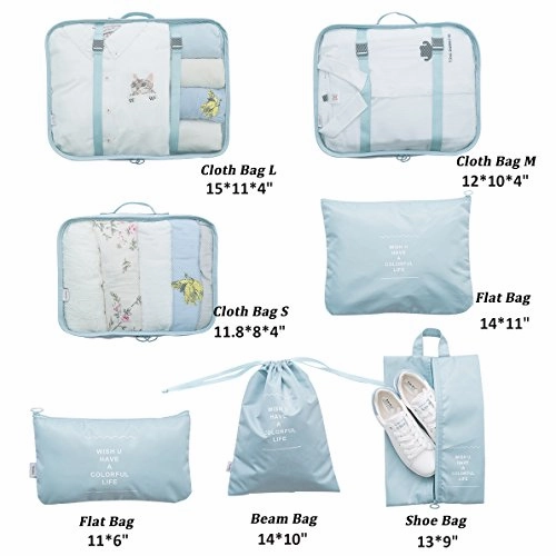 Belsmi 7 Set Packing Cubes With Shoe Bag - Compression Travel Luggage Organizer (Blue)