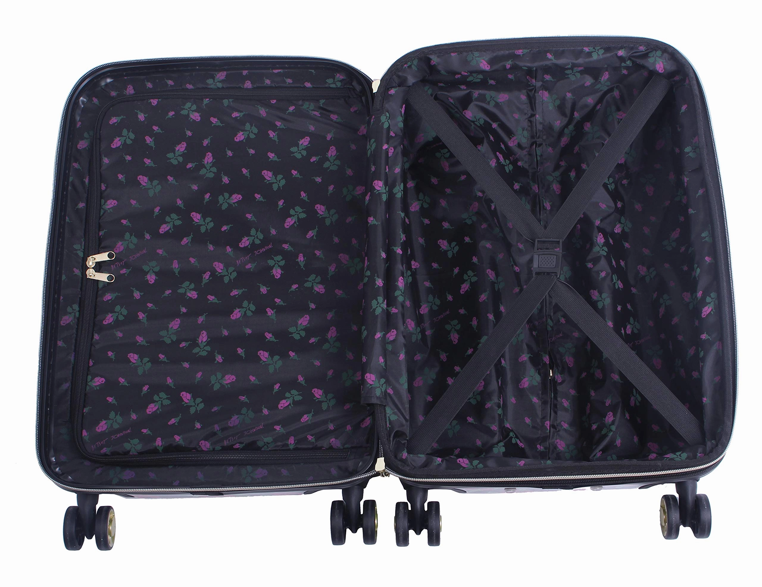 Betsey Johnson Designer Luggage Collection - Expandable 3 Piece Hardside Lightweight Spinner Suitcase Set - Travel Set includes 20-Inch Carry On, 26 inch and 30-Inch Checked Suitcase (Covered Roses)