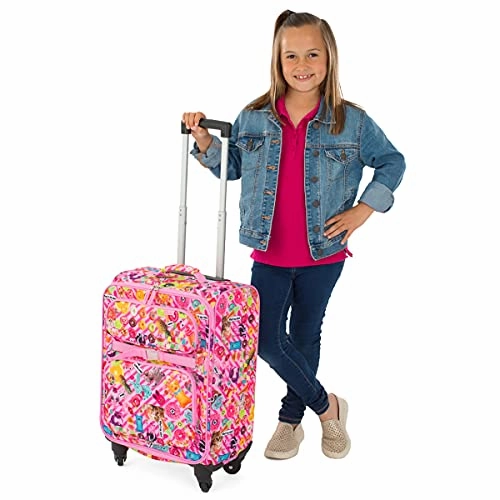 Bixbee Kids Luggage, Kids Luggage with Wheels for Girls & Boys with Telescoping Pullout Handle, Strap and Pockets- Lightweight Kids Suitcase & Carry On Bag for Airport, Travel, Overnight in Pink
