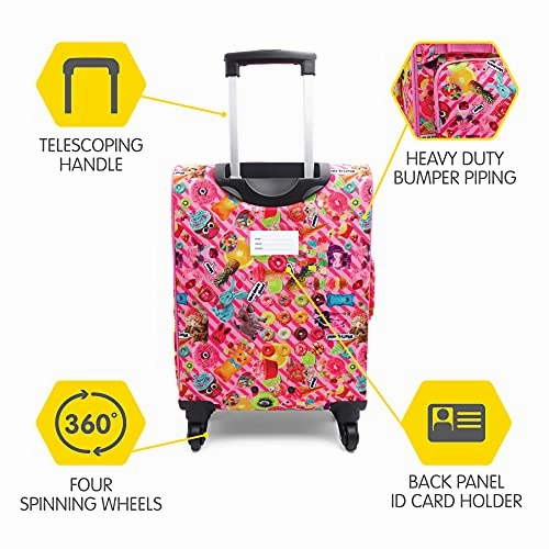 Bixbee Kids Luggage, Kids Luggage with Wheels for Girls & Boys with Telescoping Pullout Handle, Strap and Pockets- Lightweight Kids Suitcase & Carry On Bag for Airport, Travel, Overnight in Pink