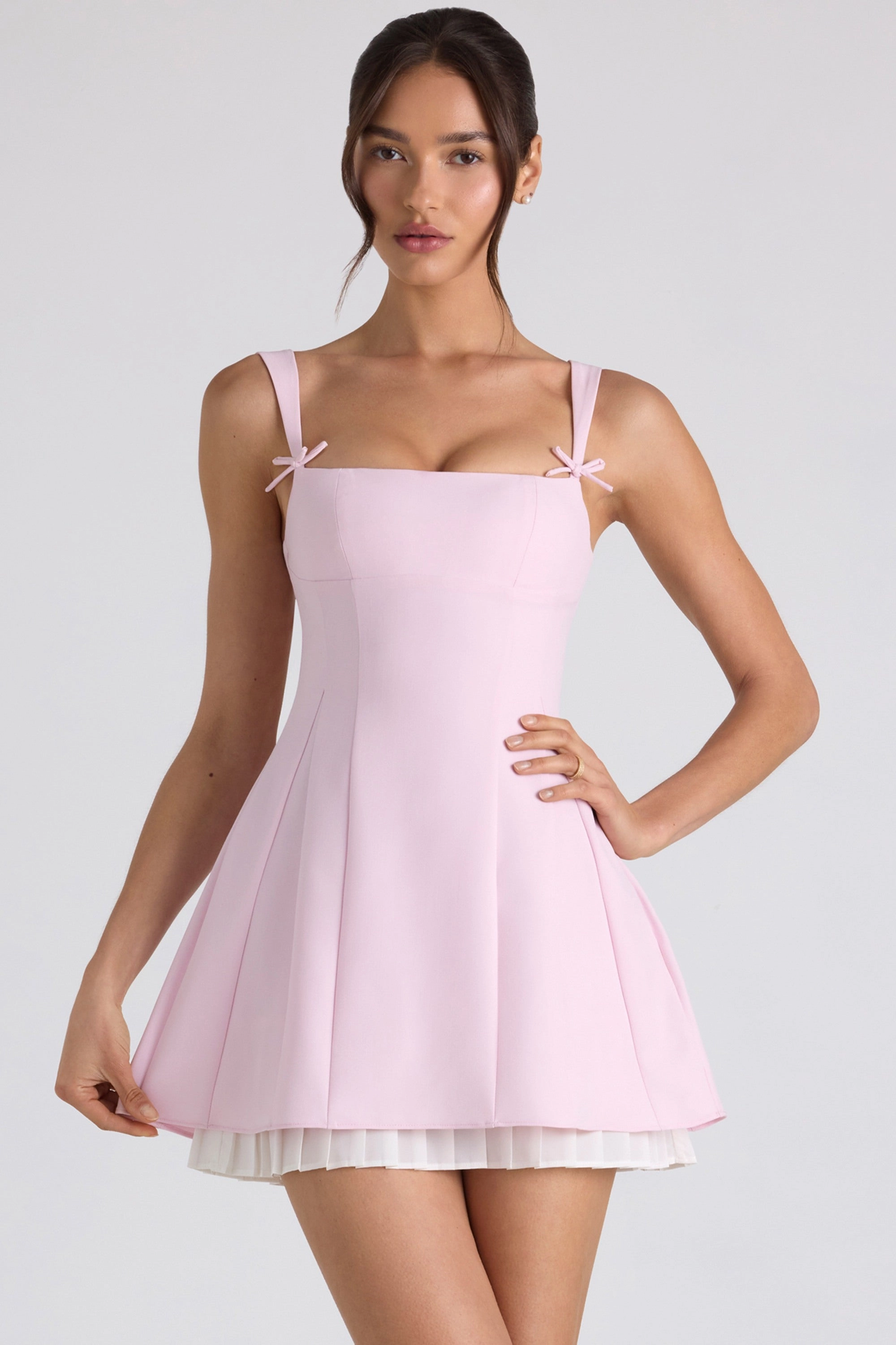 Bow-Detail Pleated A-Line Mini Dress in Soft Pink Dresses best price