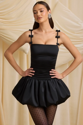 Bow-Detail Ruched Bubble Hem Mini Dress in Black Dresses - dresses on sale