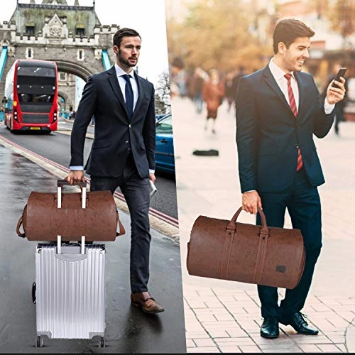 Carry On Garment Bag, Waterproof Mens Garment Bag for Travel Business, Large Leather Duffel Bag with Shoe Compartment -Brown