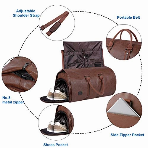 Carry On Garment Bag, Waterproof Mens Garment Bag for Travel Business, Large Leather Duffel Bag with Shoe Compartment -Brown