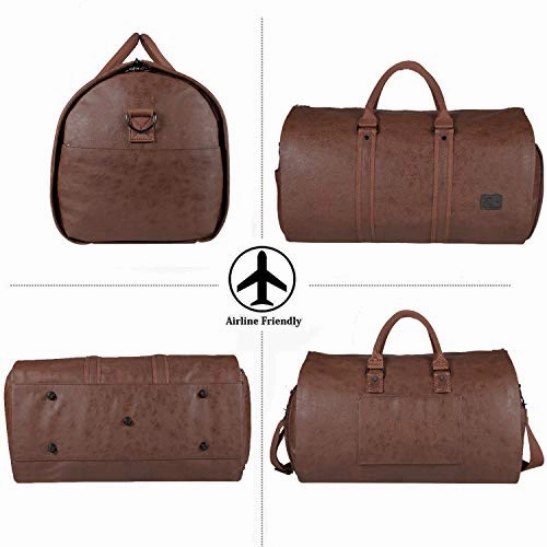 Carry On Garment Bag, Waterproof Mens Garment Bag for Travel Business, Large Leather Duffel Bag with Shoe Compartment -Brown