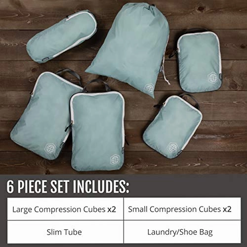Compression Packing Cubes for Travel - Luggage and Backpack Organizer Packaging Cubes for Clothes (Dusty Teal and White, 6Piece)