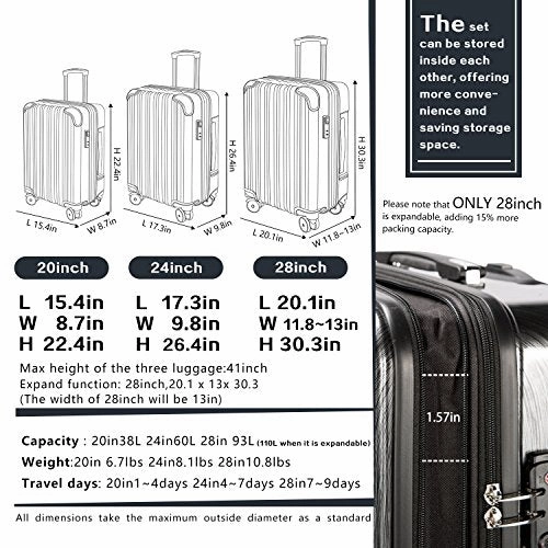 COOLIFE Luggage Expandable(only 28") Suitcase PC ABS Spinner 20in 24in 28in Carry on (Green New, M(24in))