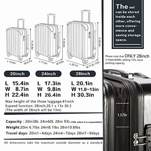 COOLIFE Luggage Expandable(only 28") Suitcase PC ABS Spinner 20in 24in 28in Carry on (White Grid New, S(20in)_Carry on)
