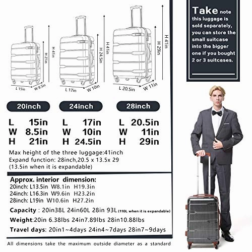 Coolife Luggage Expandable(only 28") Suitcase PC ABS Spinner Built-In TSA lock 20in 24in 28in Carry on (Charcoal, M(24in).)