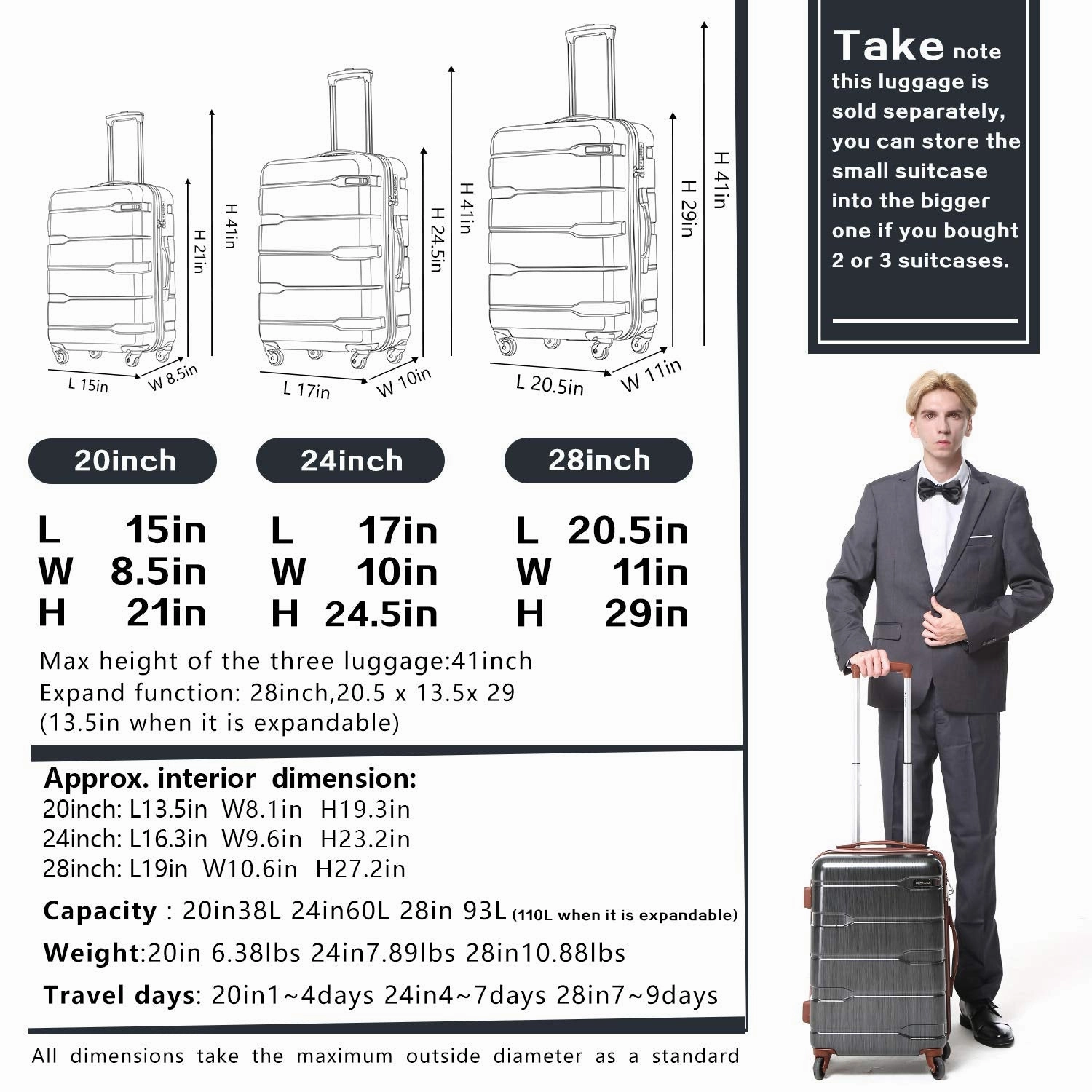 COOLIFE Luggage Expandable(only 28") Suitcase PC ABS Spinner Built-in TSA Lock 20in 24in 28in Carry on (Charcoal, S(20in_Carry on))