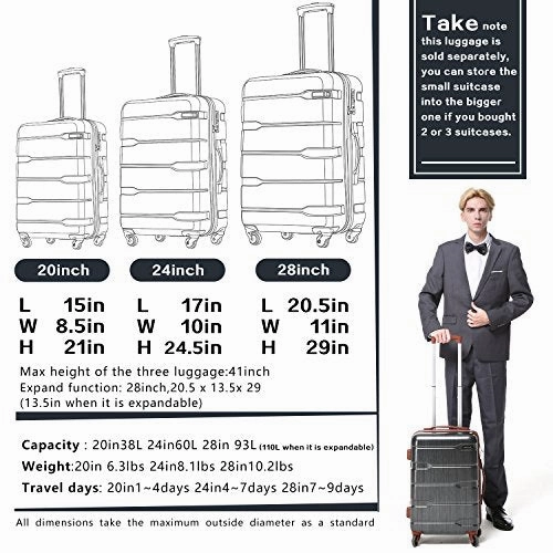 COOLIFE Luggage Expandable(only 28") Suitcase PC ABS Spinner Built-in TSA Lock 20in 24in 28in Carry on (Radiant Pink, S(20in_Carry on))