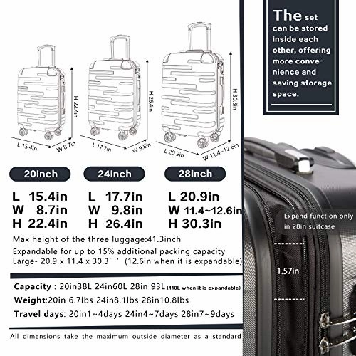 Coolife Luggage Expandable Suitcase 3 Piece Set with TSA Lock Spinner 20in24in28in (purple)