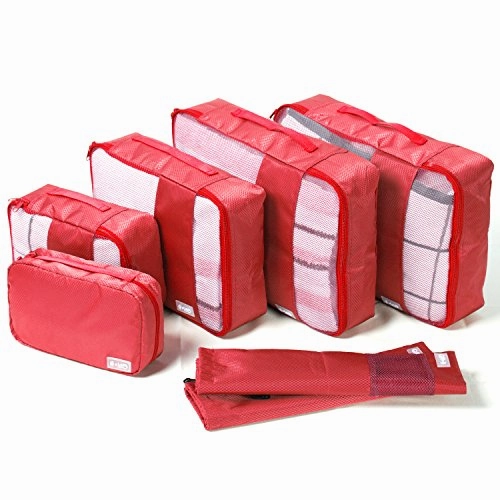 Coolife Packing Cubes Travel Organizers with Laundry Bag 7 Set Hanging Toiletry Bag Portable (red)