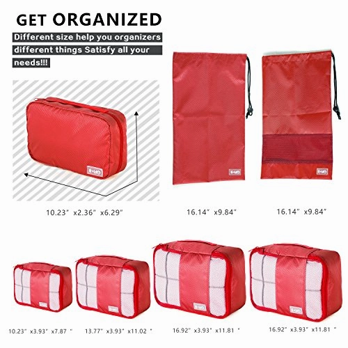 Coolife Packing Cubes Travel Organizers with Laundry Bag 7 Set Hanging Toiletry Bag Portable (red)