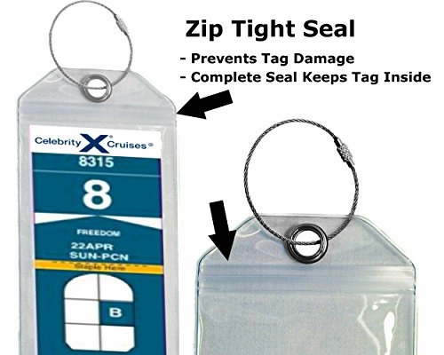 Cruise Luggage Tag Holder Zip Seal & Steel - Royal Caribbean & Celebrity Cruise (Clear - 4 Pack)
