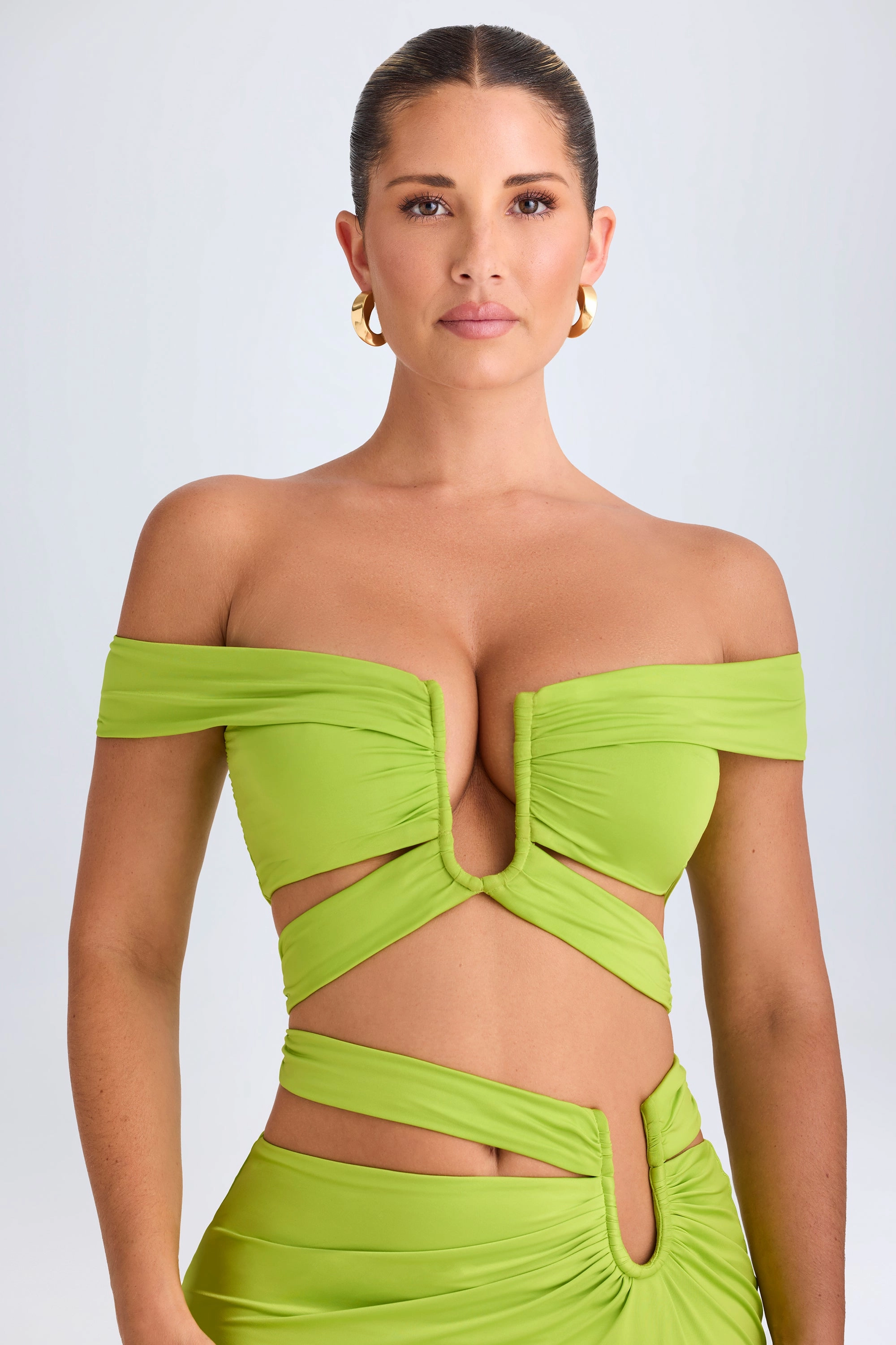 Cut-Out Off-Shoulder Crop Top in Lime Green Tops - tops on sale