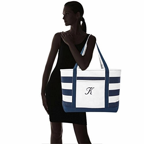 DALIX Premium Beach Bags Striped Navy Blue Zippered Tote Bag Monogrammed K