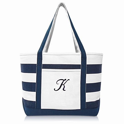 DALIX Premium Beach Bags Striped Navy Blue Zippered Tote Bag Monogrammed K