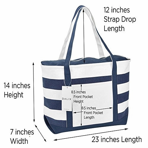 DALIX Premium Beach Bags Striped Navy Blue Zippered Tote Bag Monogrammed K