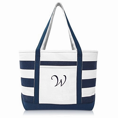 DALIX Premium Beach Bags Striped Navy Blue Zippered Tote Bag Monogrammed W