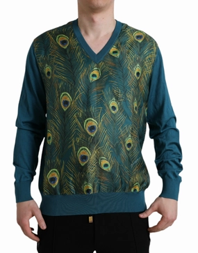 Dolce & Gabbana Silk V-Neck Peacock Feather Men's Sweater turtleneck sweaters sale