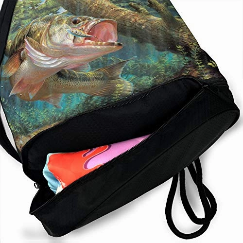 Drawstring Bag for Men Women Bass Fish Fishing Draw Backpack Beam Sackpack with Shoe Compartment Boys Girls Cinch Bags for Fishing Lovers Outdoor Hiking Beach Travel School Swimming Shopping Fitness