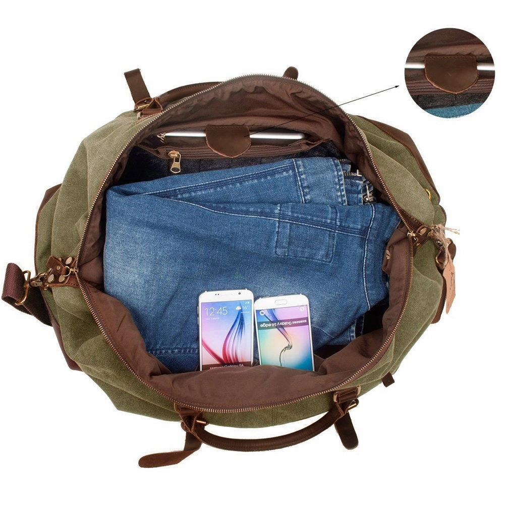 Duffel Bag, Berchirly 21" Large Canvas Leather Travel Sports Gym Bag Toiletry Bag Shoulder Carryon Luggage for Men Women - Army Green