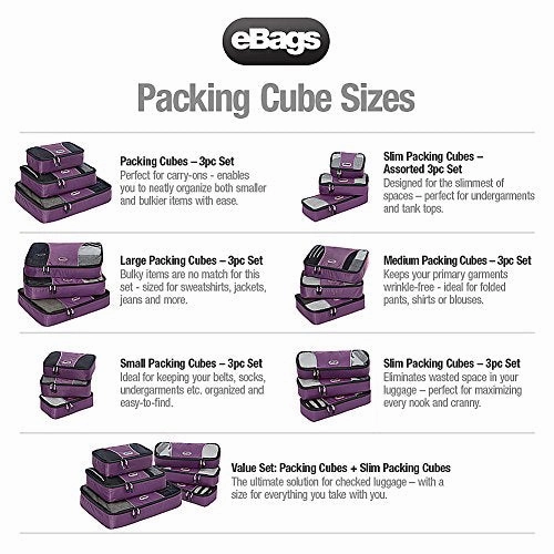 eBags Slim Packing Cubes for Travel - Organizers - 3pc Set - (Eggplant)