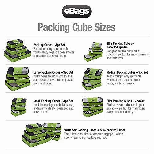 eBags Slim Packing Cubes for Travel - Organizers - 3pc Set - (Grasshopper)