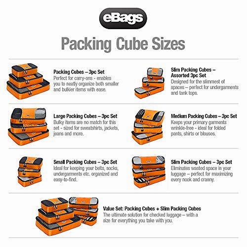 eBags Slim Packing Cubes for Travel - Organizers - 3pc Set - (Tangerine)