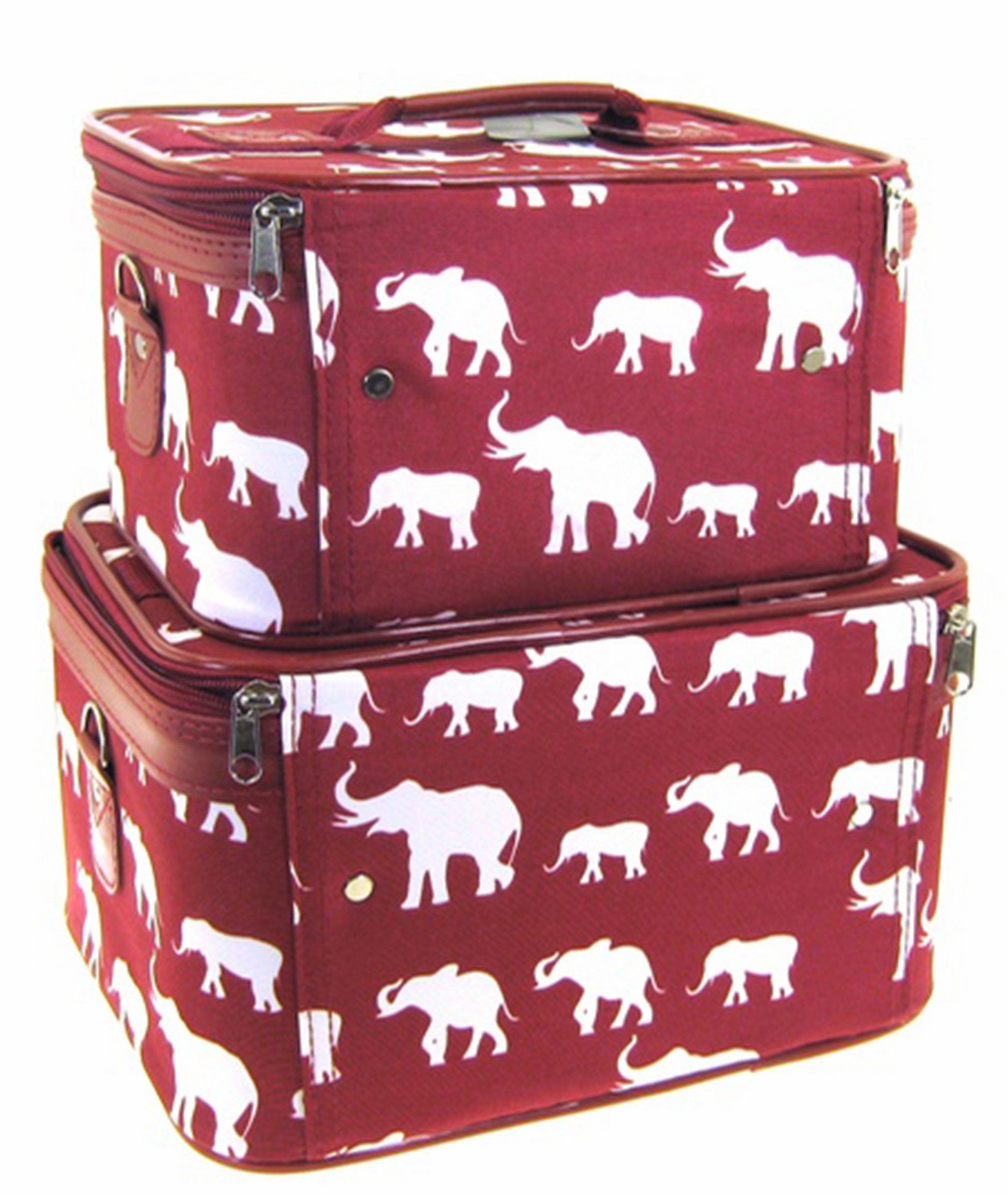 Elephant Print 2 Piece Train Case Cosmetic Set Travel Toiletry Luggage (Burgundy Red)