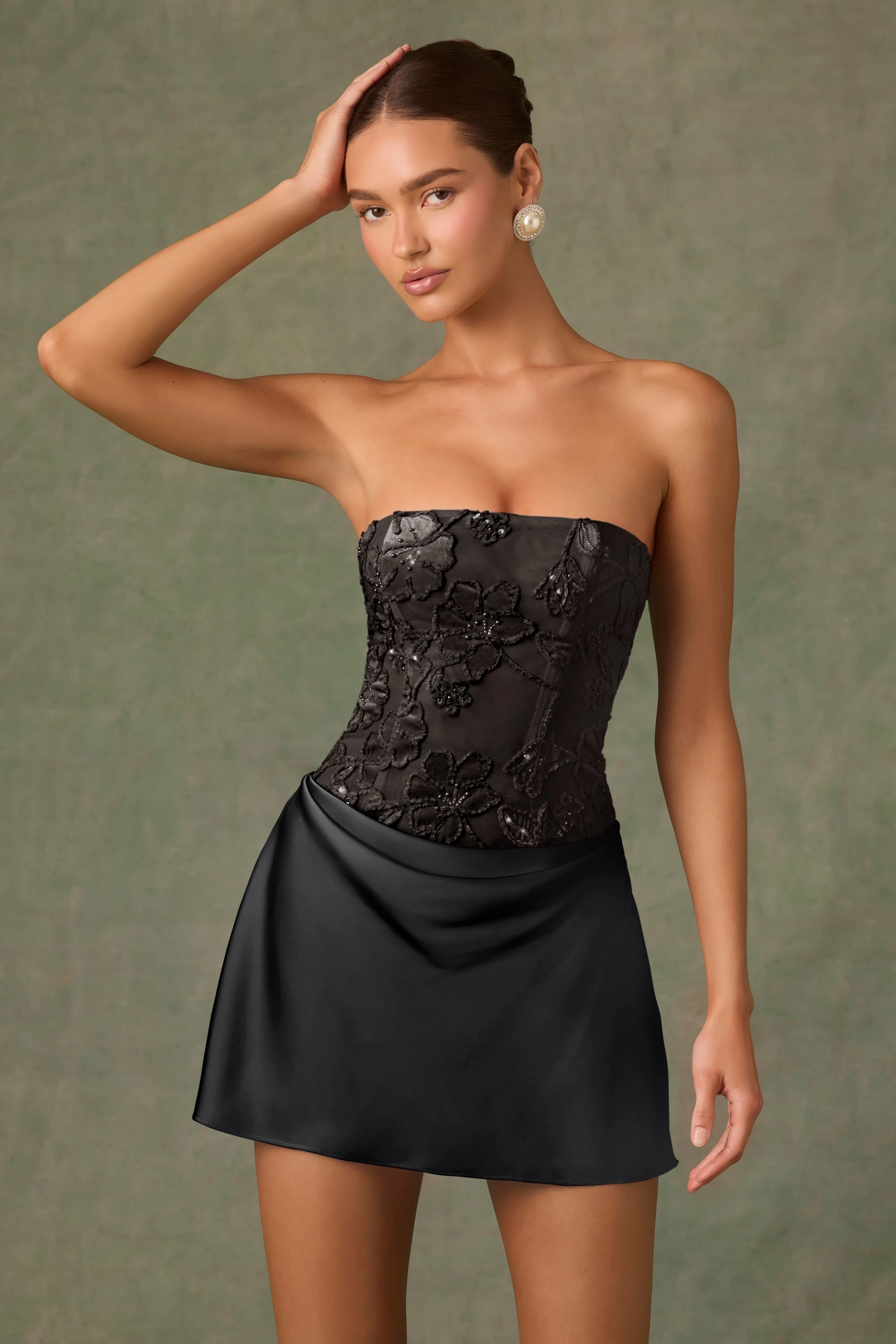Embellished Draped Strapless A-Line Mini Dress in Black Dresses - dresses on sale