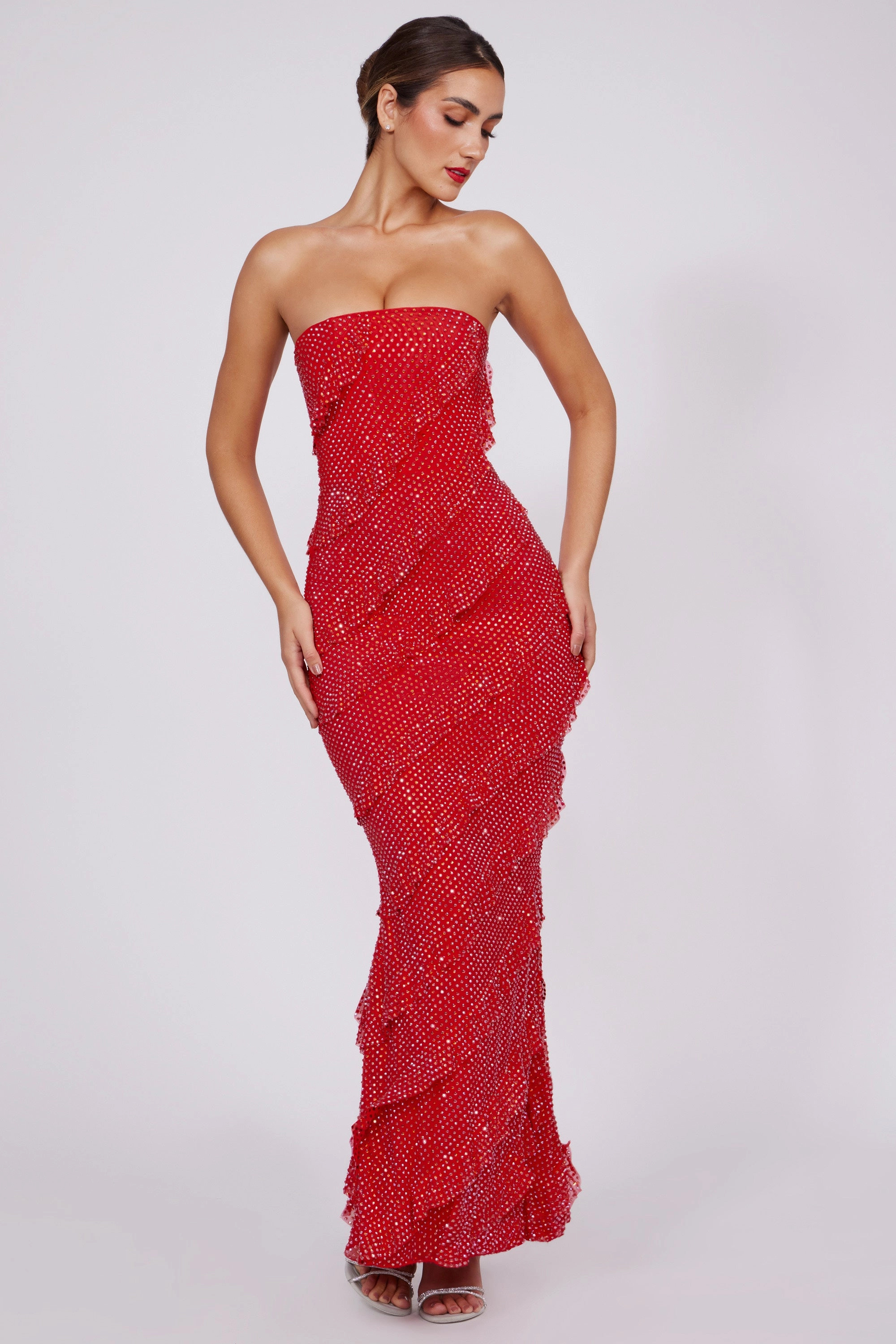 Embellished Strapless Ruffle Maxi Dress in Fire Red