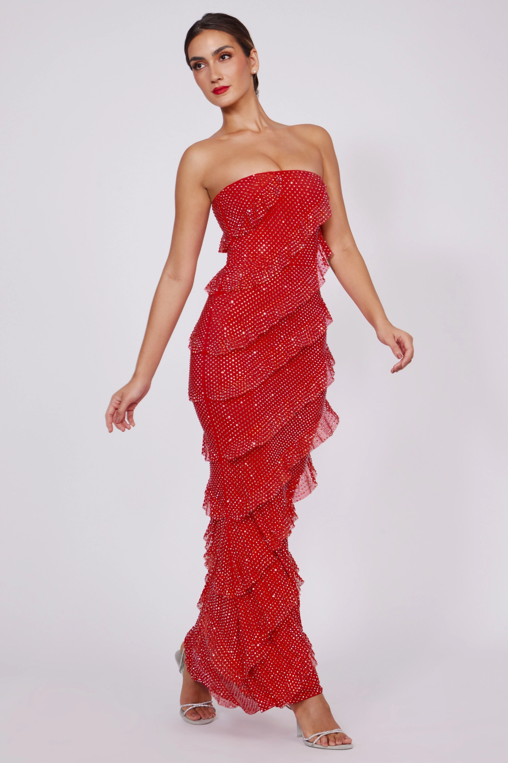 Embellished Strapless Ruffle Maxi Dress in Fire Red shop for Dresses online