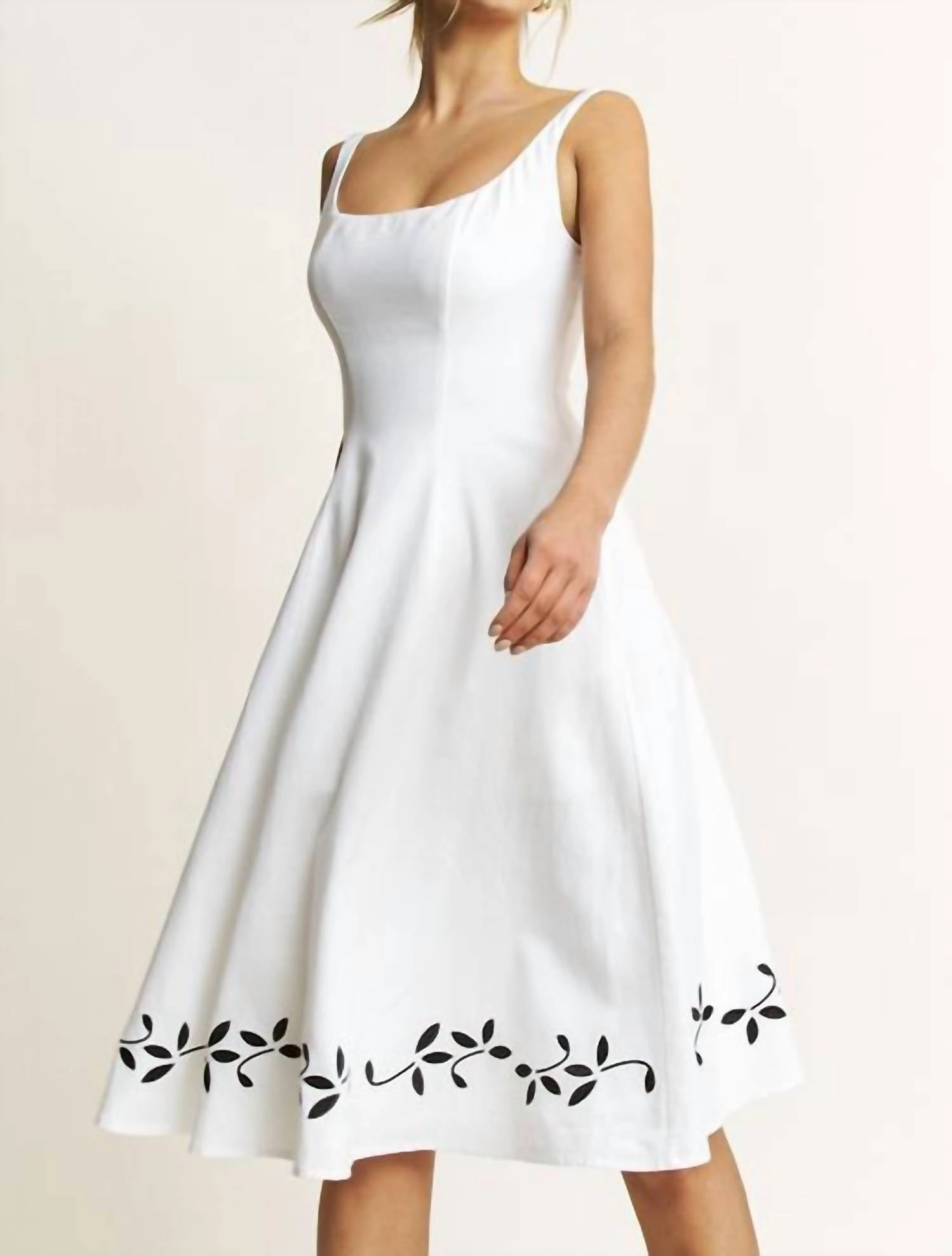 Embroidered Linen Flare Midi Dress In White