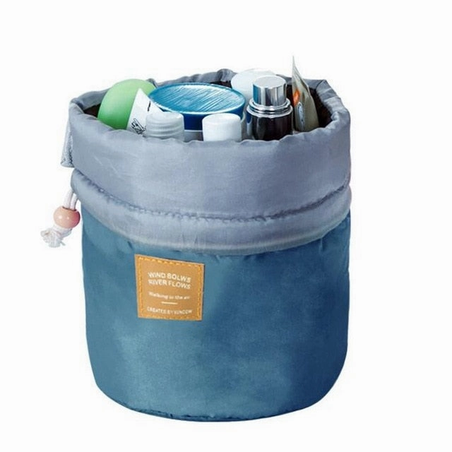 Fashion Barrel Shaped Travel Cosmetic Bag Make Up Bag Drawstring Elegant Drum Wash Kit Bags