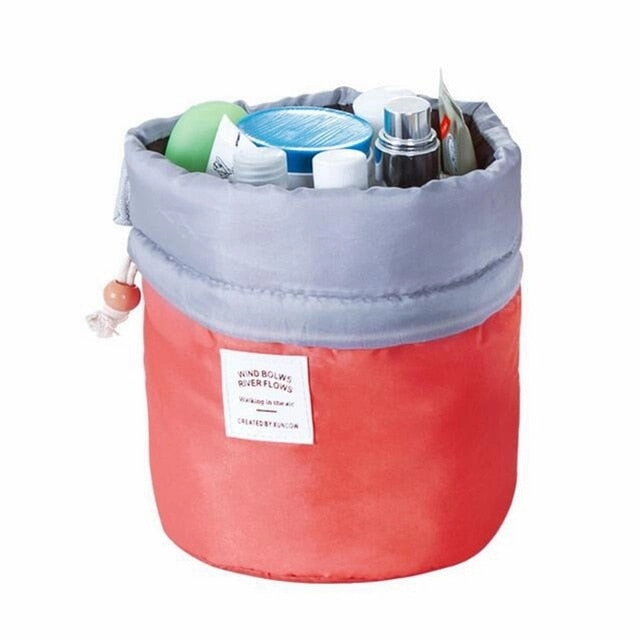 Fashion Barrel Shaped Travel Cosmetic Bag Make Up Bag Drawstring Elegant Drum Wash Kit Bags