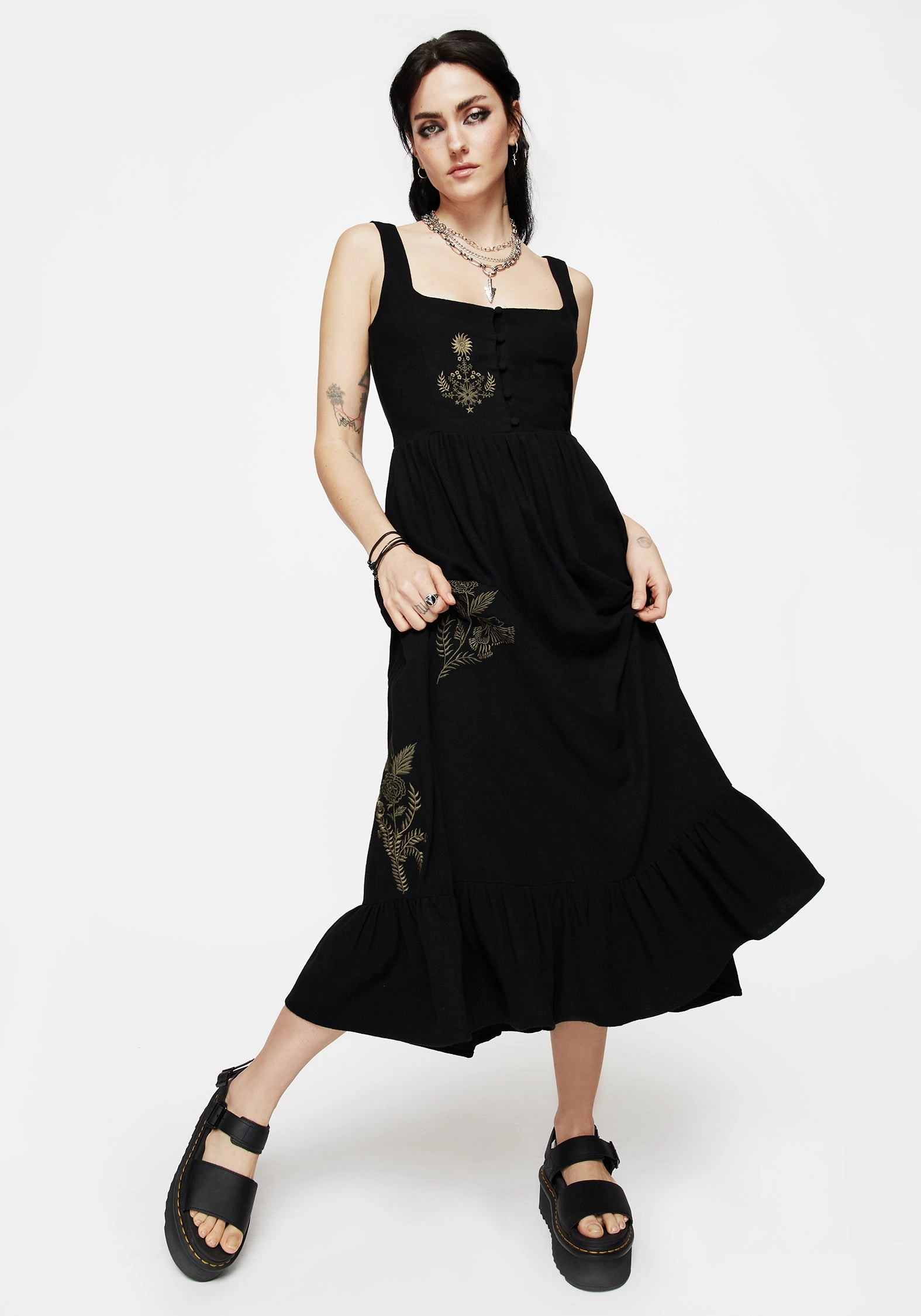 Foliate Linen-Blend Embroidered Sleeveless Midi Dress - Black Dresses Womens - women's dresses clearance