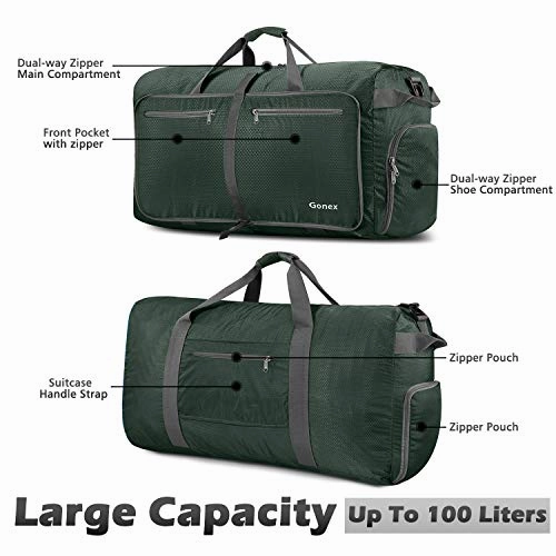 Gonex 100L Foldable Travel Duffel Bag for Luggage Gym Sports, Lightweight Travel Bag with Big Capacity, Water Repellent (Dark green)
