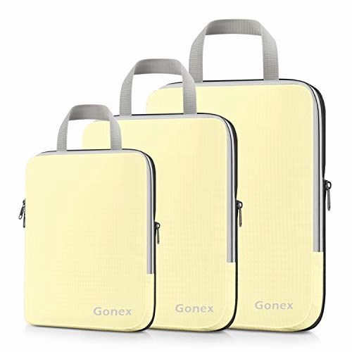 Gonex Compression Packing Cubes,3pcs L M S Expandable StorageTravel Bags Luggage Organizers(Beige)